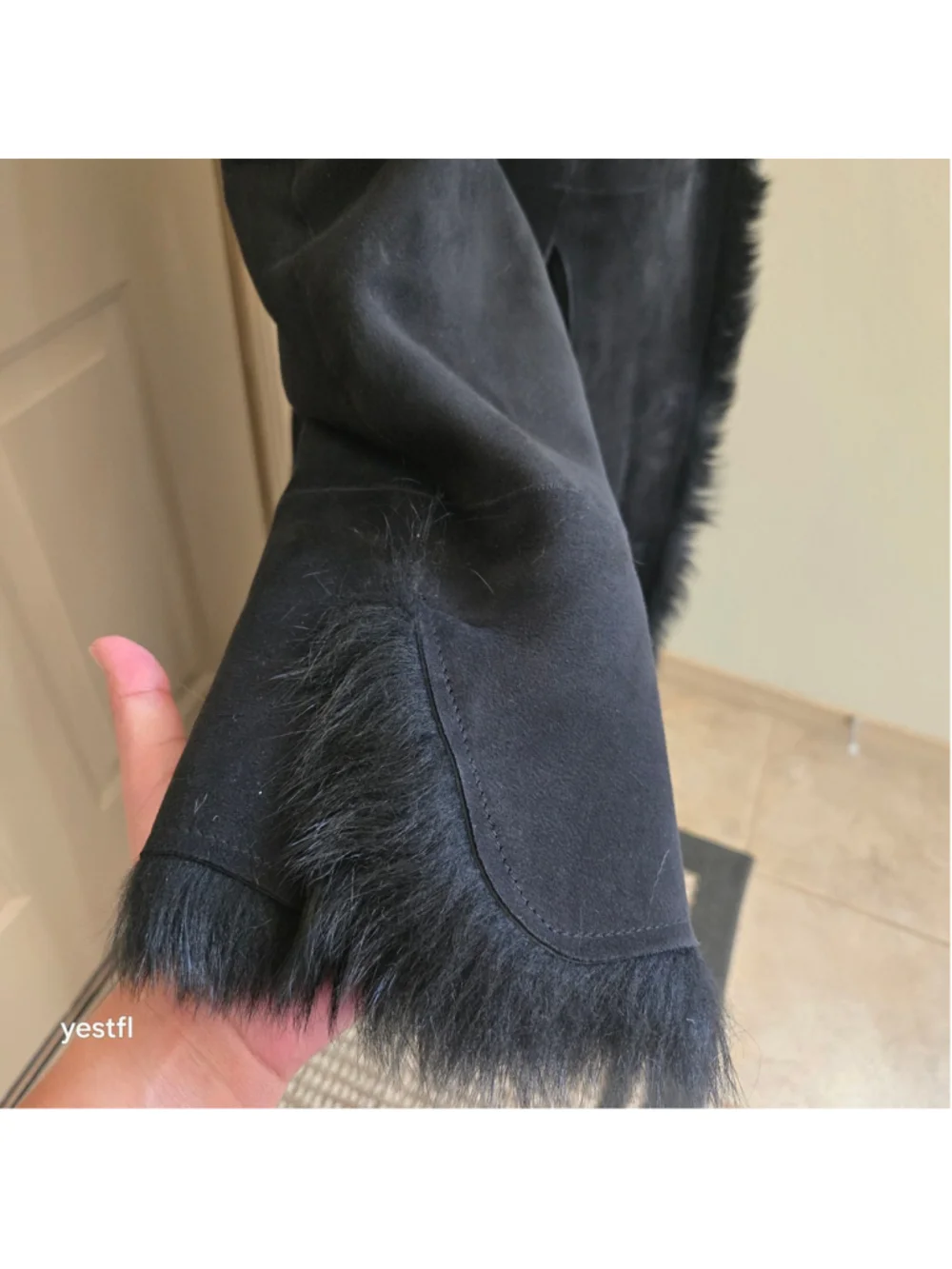 Cole Haan Black Genuine Shearling Long Coat Fur Trim Sz XS Penny Lane Luxury - Picture 11 of 16